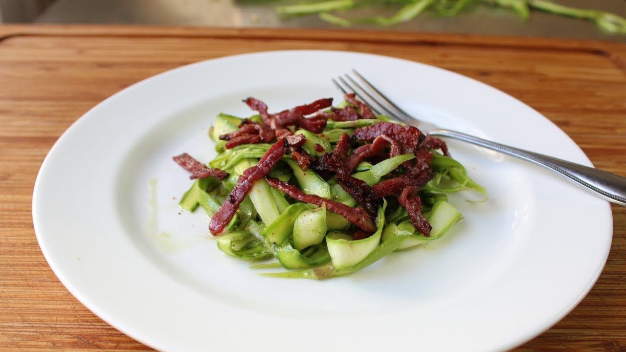 Shaved Asparagus Salad with Fried Pastrami and Mustard Dressing - Raw Asparagus Salad