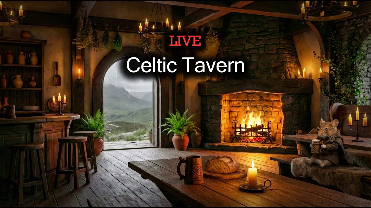 Cozy Celtic Tavern ☘️ Medieval Ambient Music with Rain & Fireplace (LIVE)