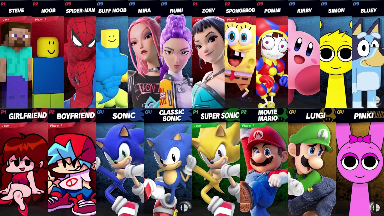 NEW Sonic vs Mario vs Minecraft vs Roblox vs Spider-Man vs Bluey in Super Smash Bros Ultimate