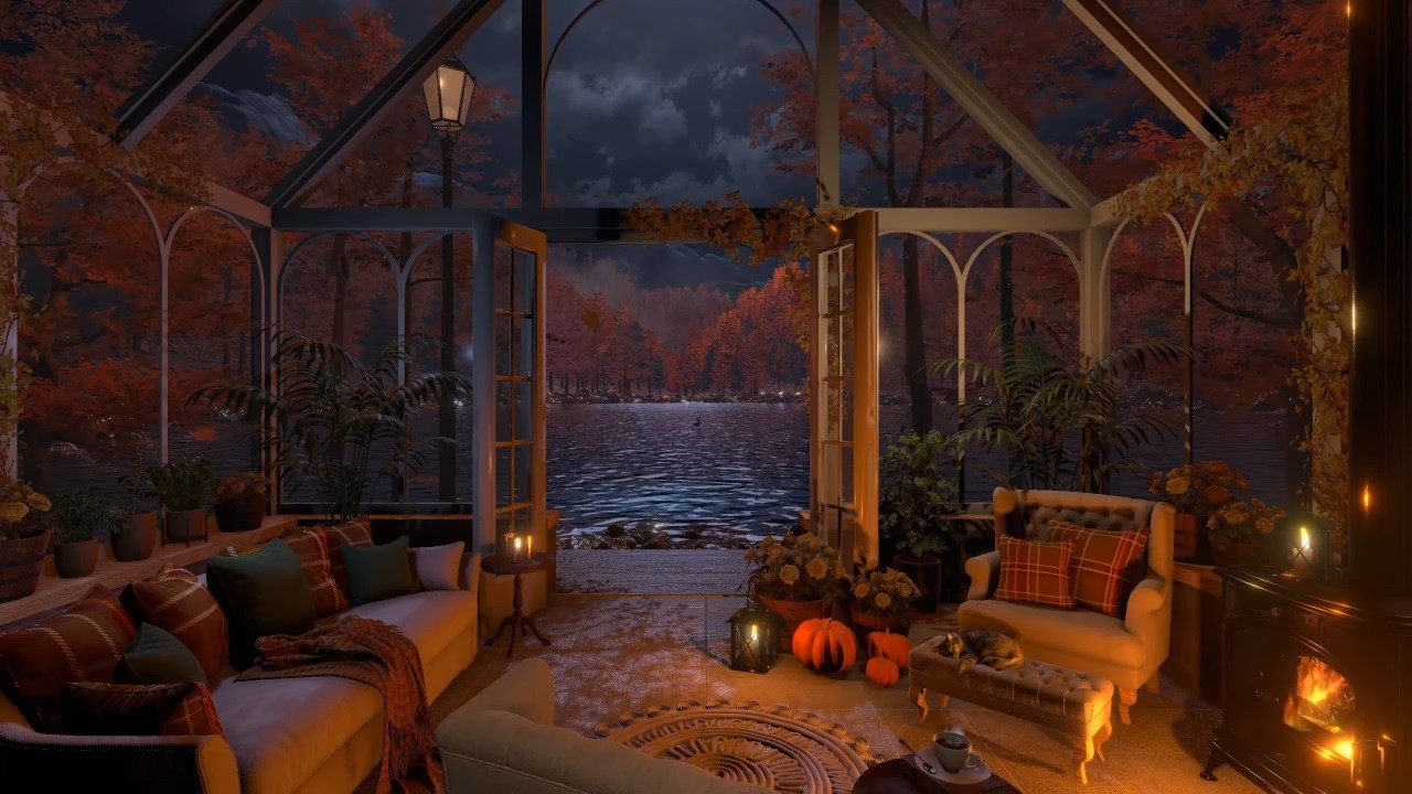Autumn Lakeview Lounge | Night Ambience | Log Burner, Nature, Rain & Thunder Sounds