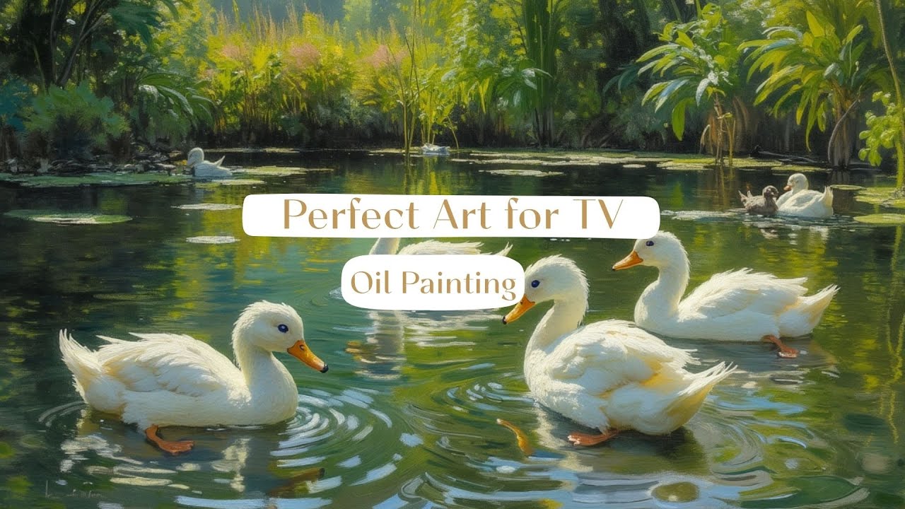 Serene pond scene with ducks, Oil Painting | Framed Art Screensaver for TV Wallpaper Screensaver