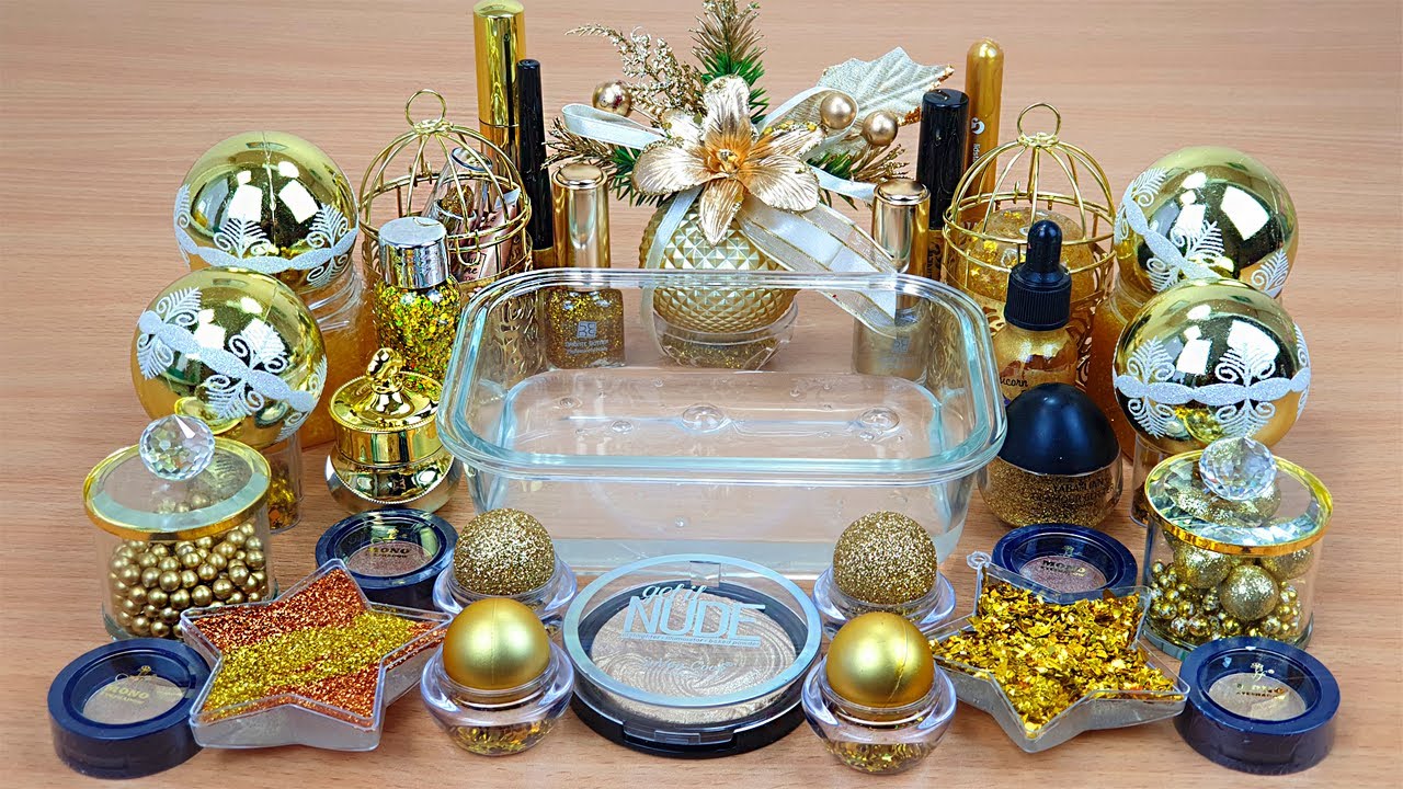 GOLD SLIME Mixing makeup and glitter into Clear Slime Satisfying Slime Videos