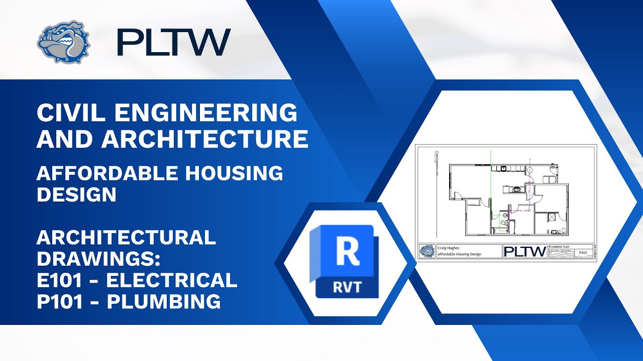 PLTW CEA - Revit 2026 - Чертежи доступного жилья: E101 - Схема электропроводки и P101 - Схема вод...