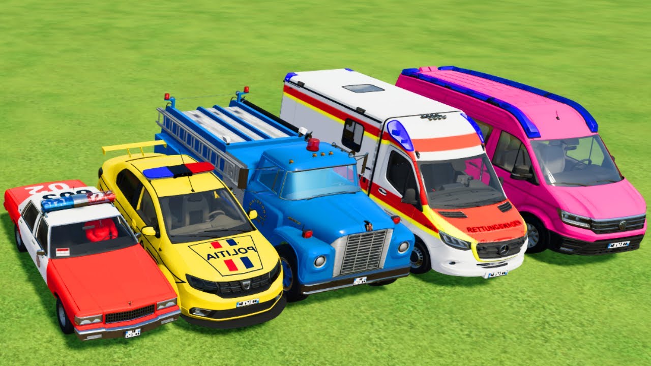 TRANSPORTING POLICE CARS, AMBULANCE, FIRE TRUCK, COLORFUL CARS WITH TRAIN -FARMING SIMULATOR 22!