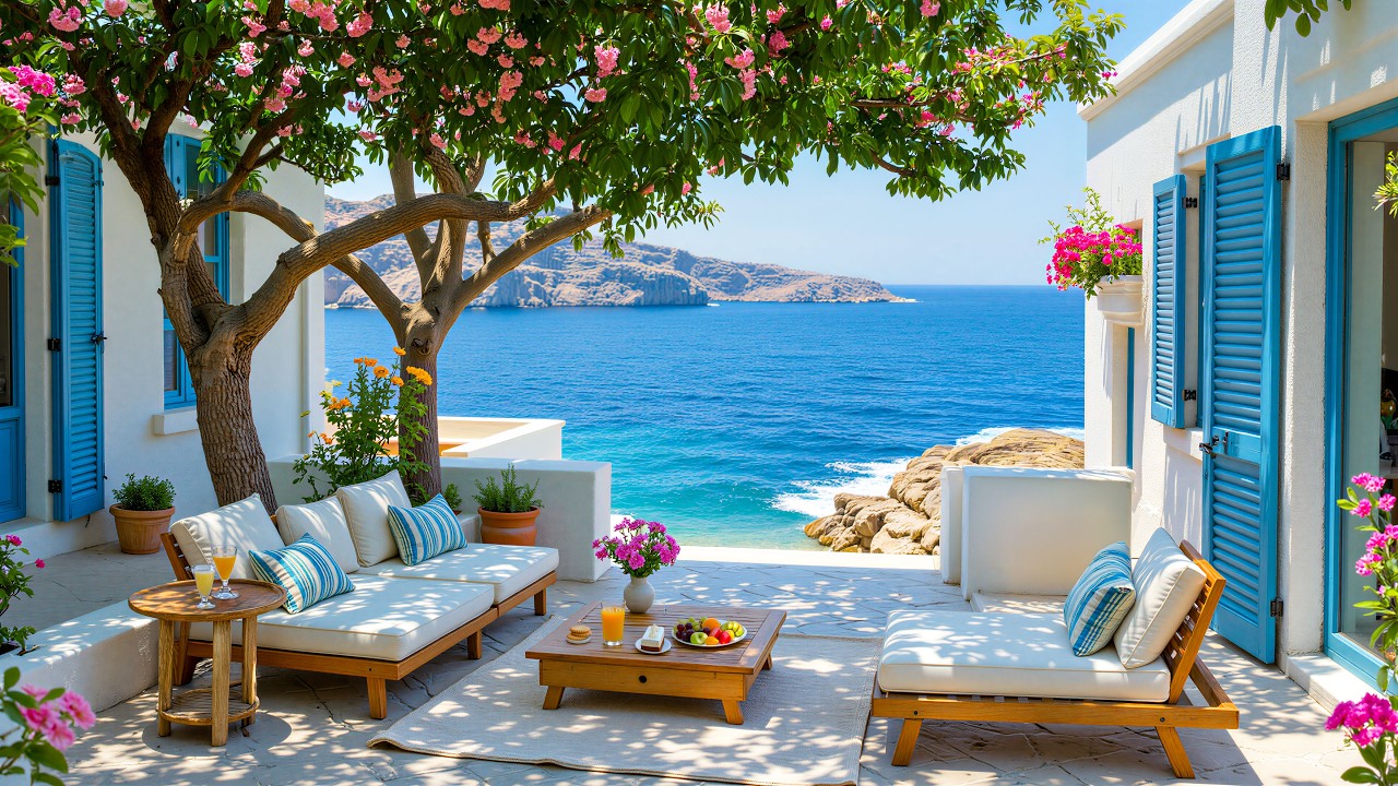 Smooth Mediterranean Summer Bossa Nova at Beach Café 🌊 Ocean Waves for Relaxation