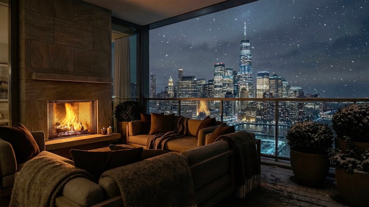 New York City Winter Night Balcony Cozy Ambience for Sleep, Relax, Focus 😴🎧❄️ (Fireplace Sound)