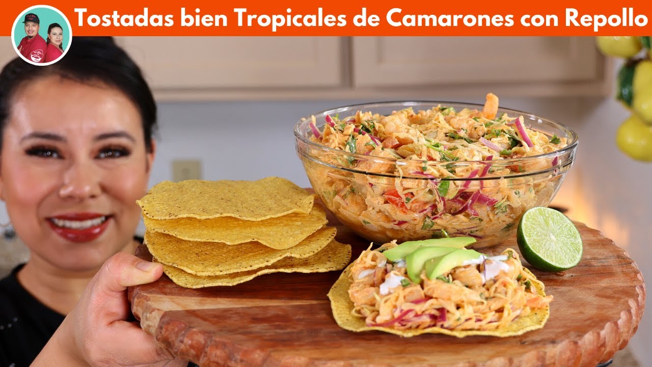 Ensalada de Repollo con Camarones bien Tropicales en Tostadas