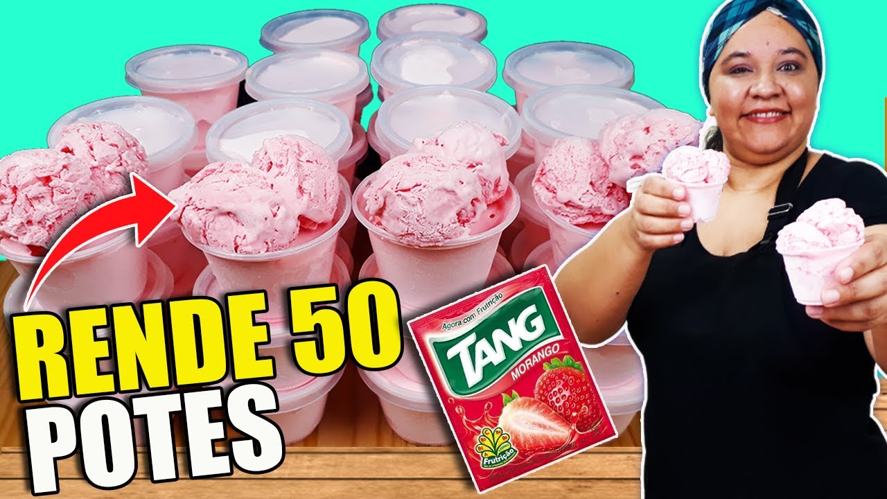 Fiz com Tang o Sorvete Caseiro de Morango RENDEU 50 POTES ficou Cremoso e  DELICIOSO !