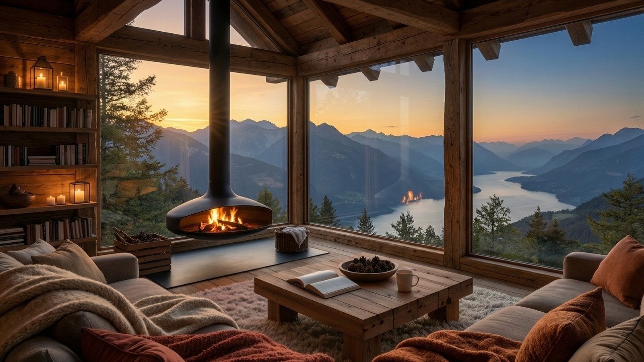 Warm Sunset Jazz 🌅 Cozy Mountain Lake Cabin Ambience ☕ Smooth Piano Jazz for Study & Relax