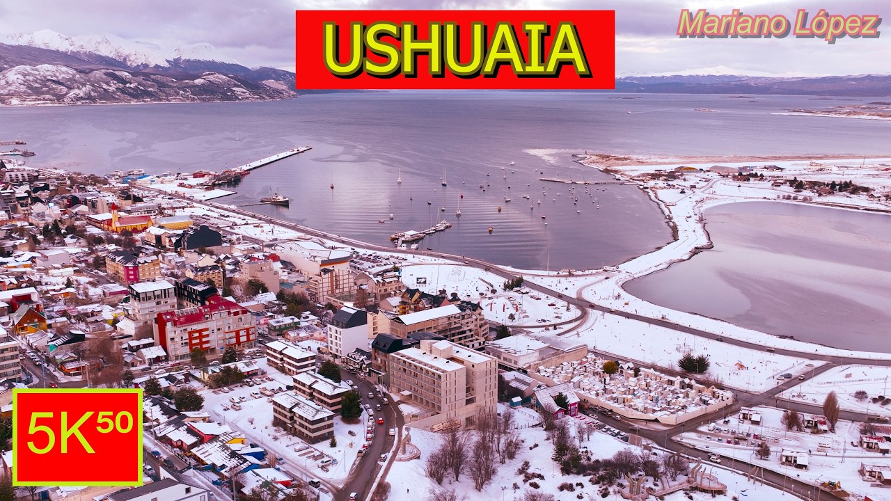5K⁵⁰ - 👉 Así es USHUAIA con NIEVE ❄️ (desde un drone) - ARGENTINA 🌟