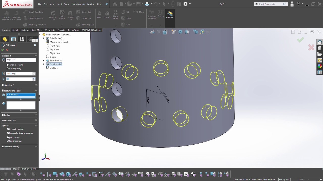 Solidworks Basics Tutorial - Linear and Circular Pattern
