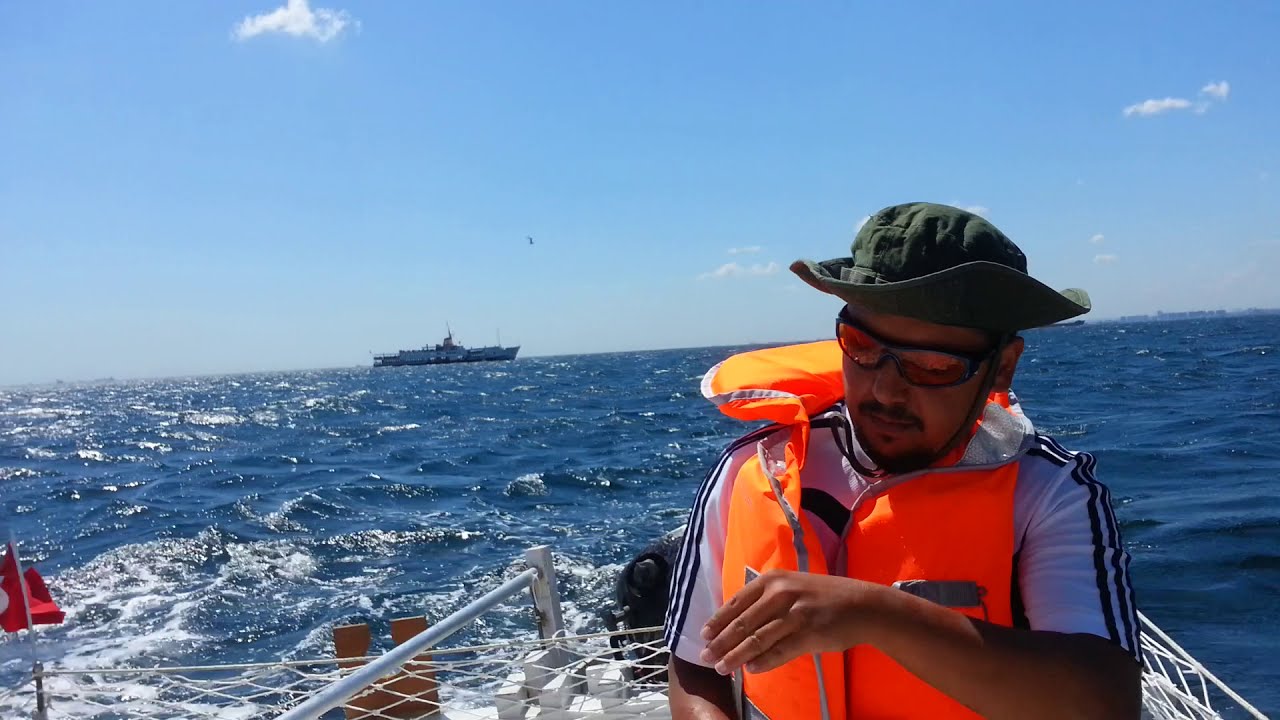 Gaffrig catamaran in heavy wind ^