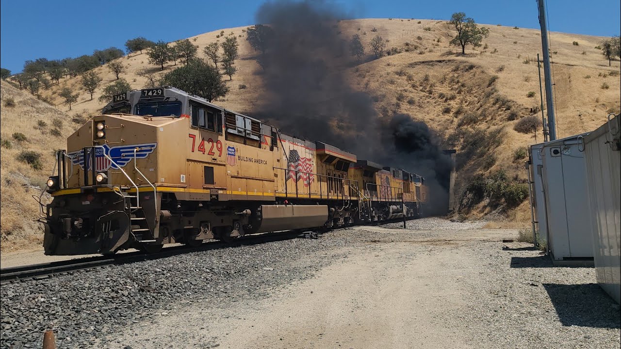Union Pacific Intermodel With Heavy Smoke Coming Out of Tunnel 5 on the Tehachapi Pass