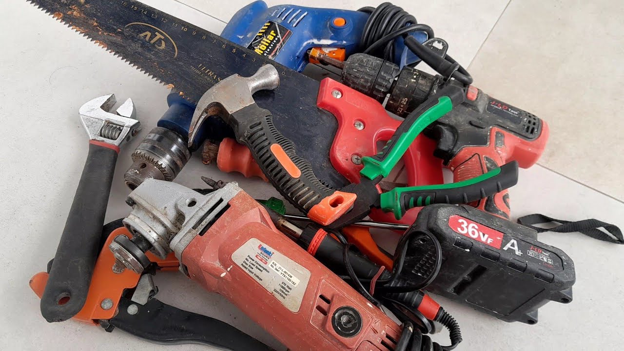 Collection of Repair Tools, Drill, Pliers, Hammer, Grinder, Saw, Screwdriver, Wrench