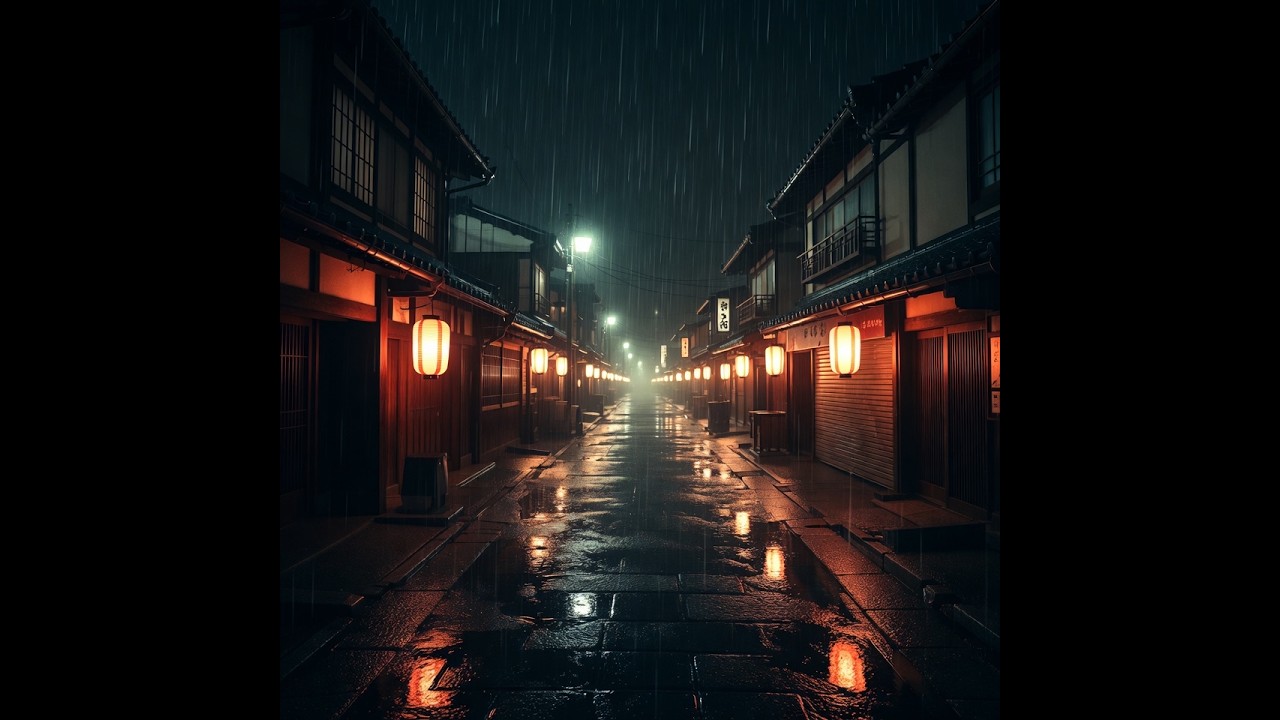 Heavy Rain in Quiet Village Street • Night Ambience • 4K