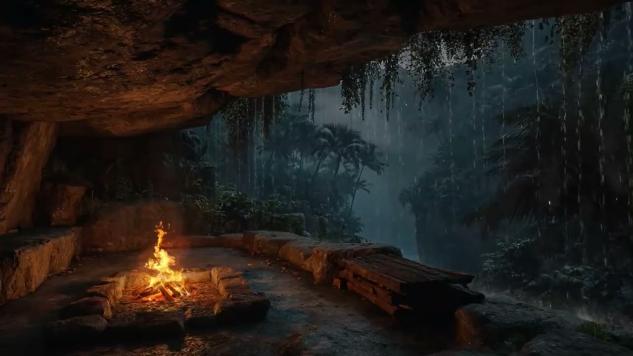Deep Cave Sleep Meditation 🌧️ Gentle Rain & Fireplace Sounds for Calm Mind and Full Relaxation 🔥