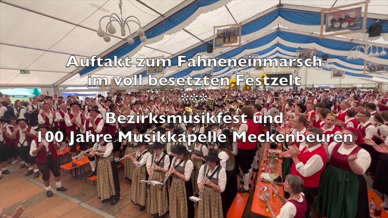 Fahneneinmarsch beim Bezirksmusikfest 2023 und 100 Jahre Musikkapelle Meckenbeuren