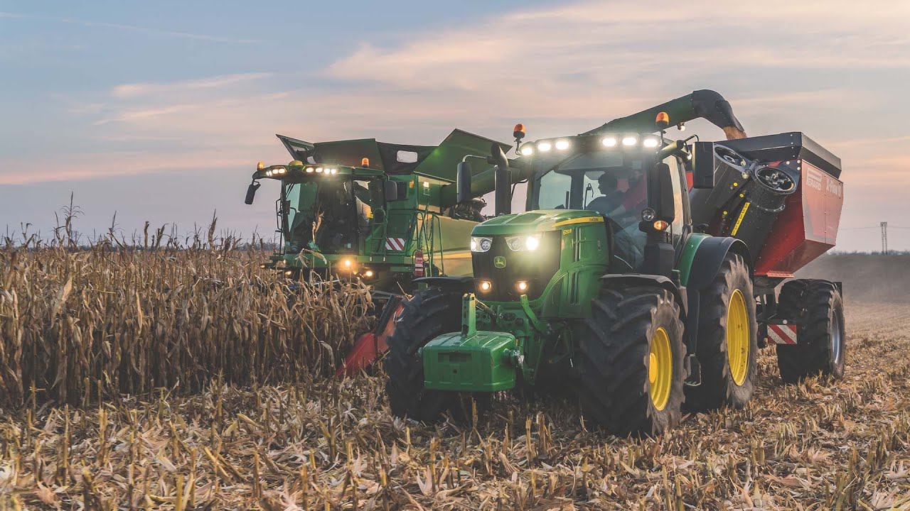 Sklizeň zrnové kukuřice - John Deere 6250R & Perard X-Flow 19 & John Deere S780i + Geringhoff