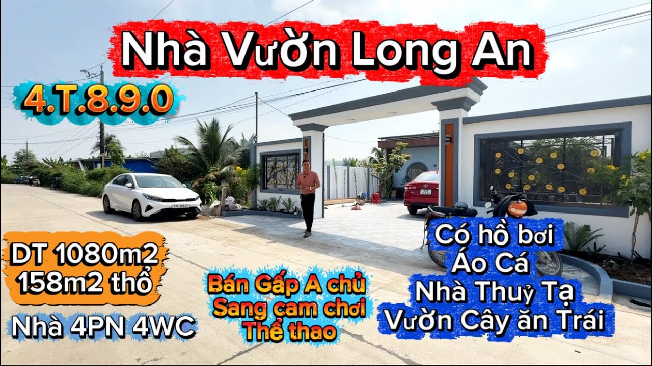 Nhà vườn Long An 1080m2 158 thổ 4tỉ890 có hồ bơi ao cá sân vườn nhà thuỷ tạ 4Pn 4WC Đường oto.