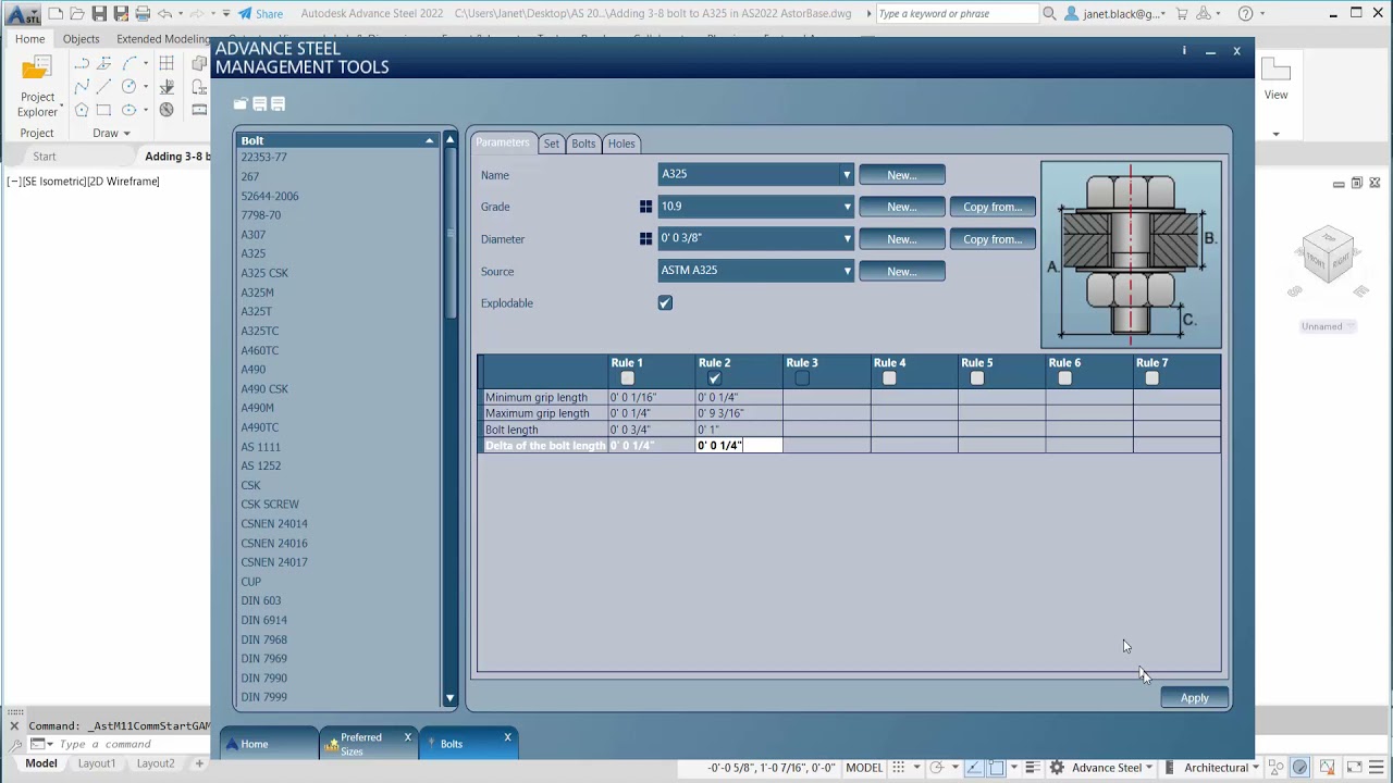 How to manually add a 3/8 diameter bolt to the Advance Steel 2022 Database