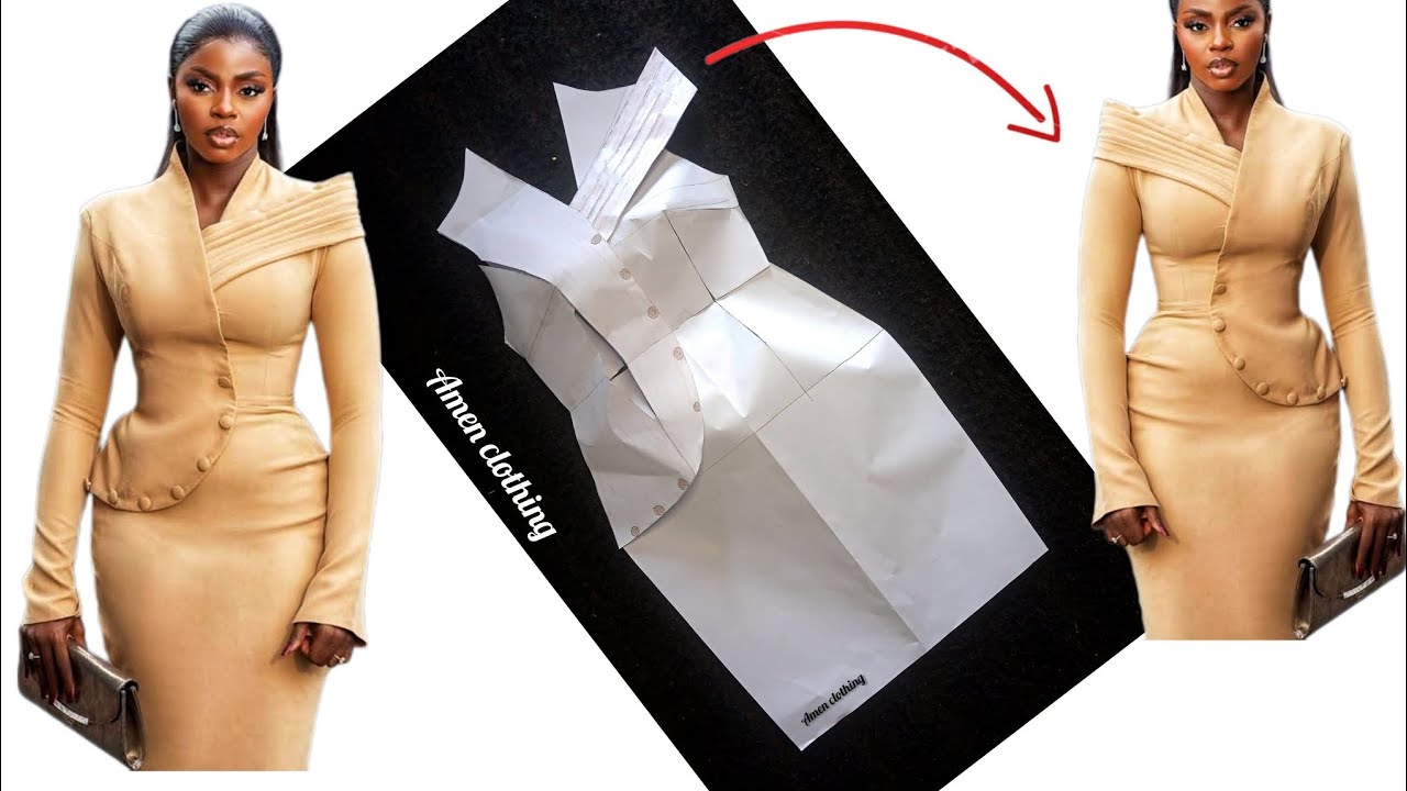 How to DRAFT/ CUT a Trendy blazer dress with built up neck and pleated cape. beginner friendly