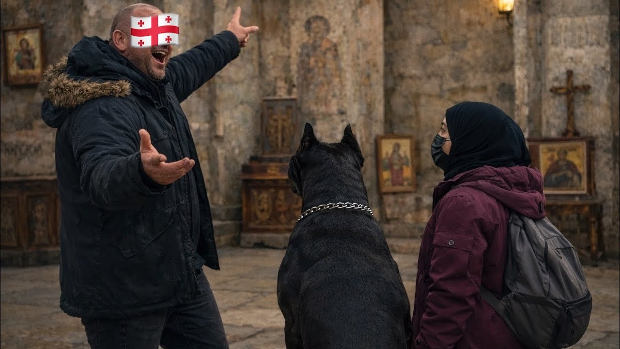 أول زيارة لكنيسة تاريخية في تبليسي 🇬🇪 مرشد جورجي ضخم حارس الكنيسة كلب كورسو مرعب ذو عضلات جورجيا 🐕‍🦺