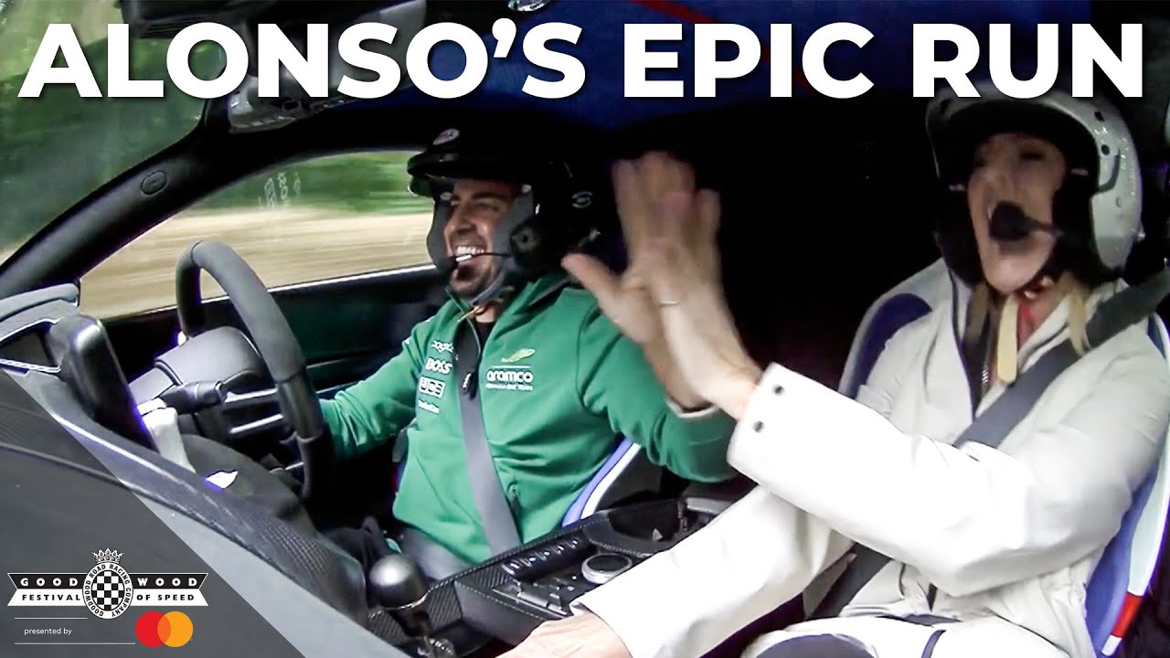 Fernando Alonso hurls Aston Martin Valiant up FOS hill with Rachel Brookes