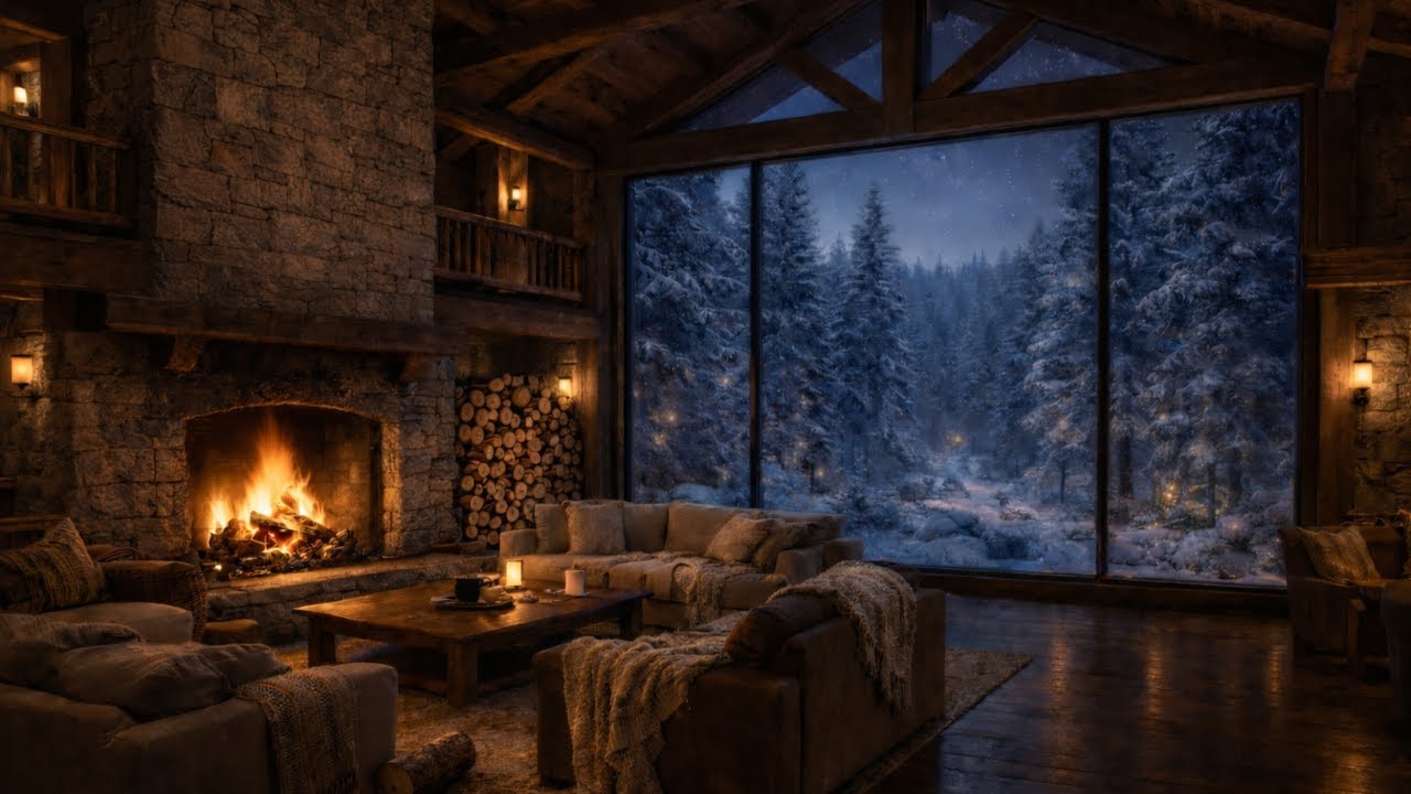 Cozy Winter Lodge Ambience ❄️ Smooth Piano Jazz & Crackling Fireplace