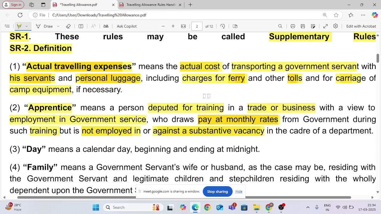 Travelling Allowance Class 1