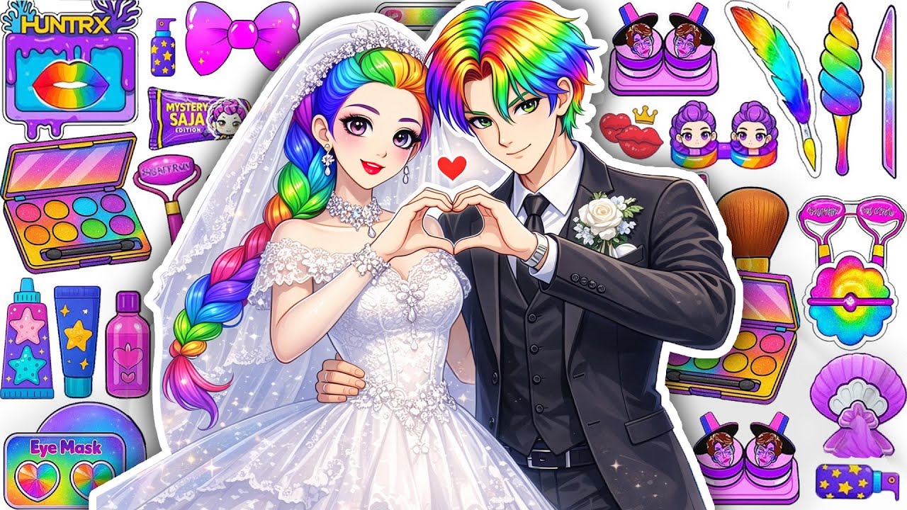 💋DIY de Papel💋 KPOP DEMON HUNTERS Rumi y Jinu se Casan 💑 Cabello Colorida Pareja Viral 🌈Bolsa ASMR🎀
