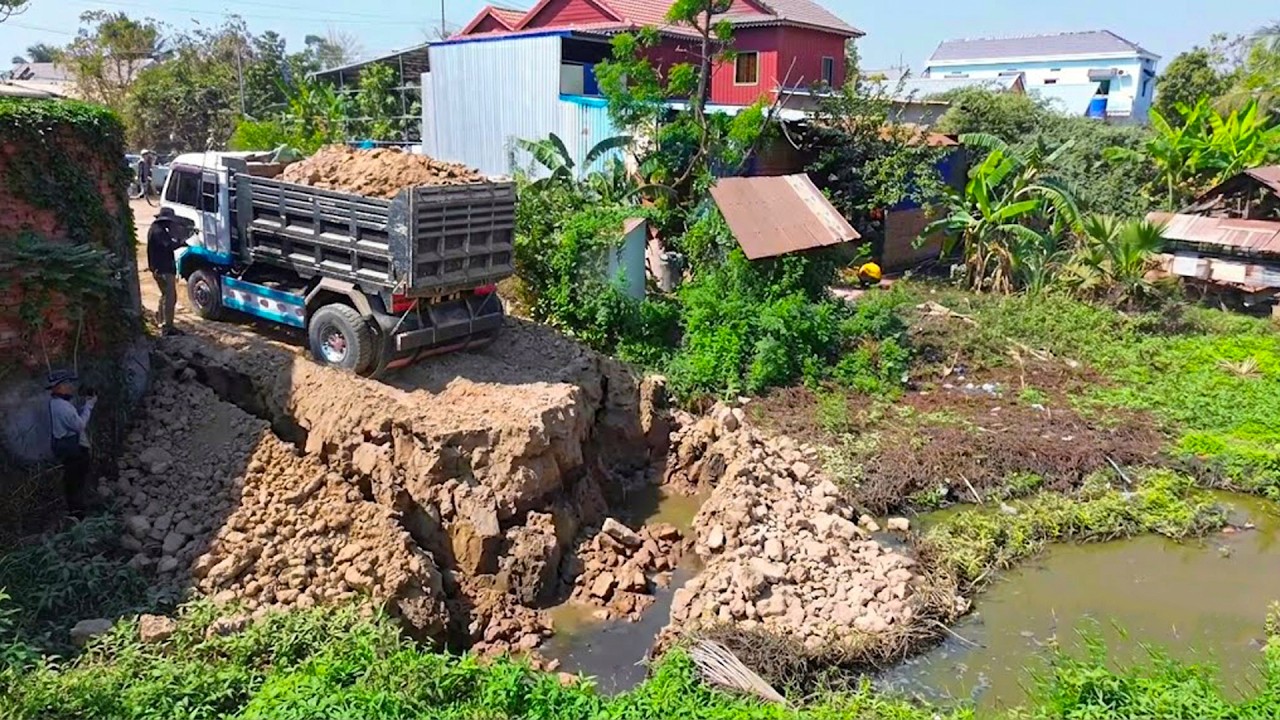 Watch This! Smooth Landfill Work! Strong Bulldozer & 5T Truck Reclaiming filling Flooded Canal Area