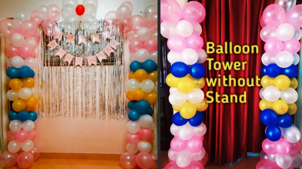 The easiest way to make balloon tower without stand| Balloon decoration for girl b'day party|