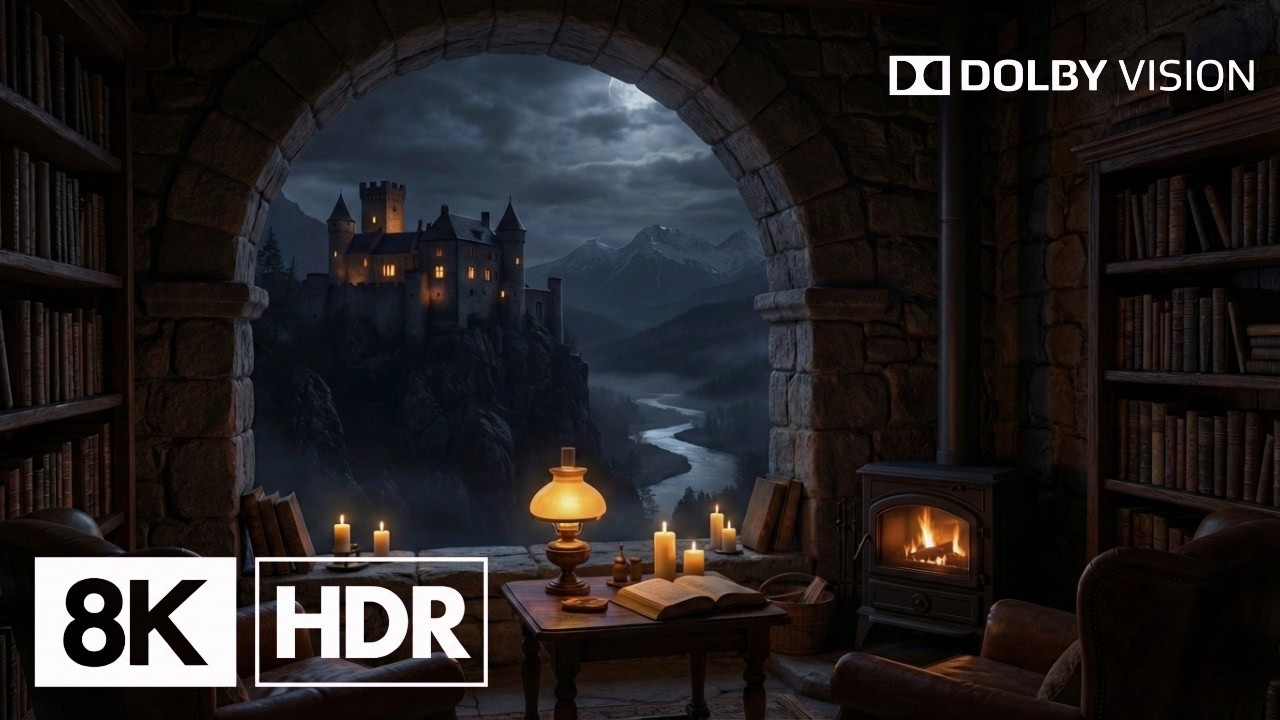 8K Cozy Castle View Library Ambience 🌙🏰 – 2 Hours of Fireplace & Night River Sounds