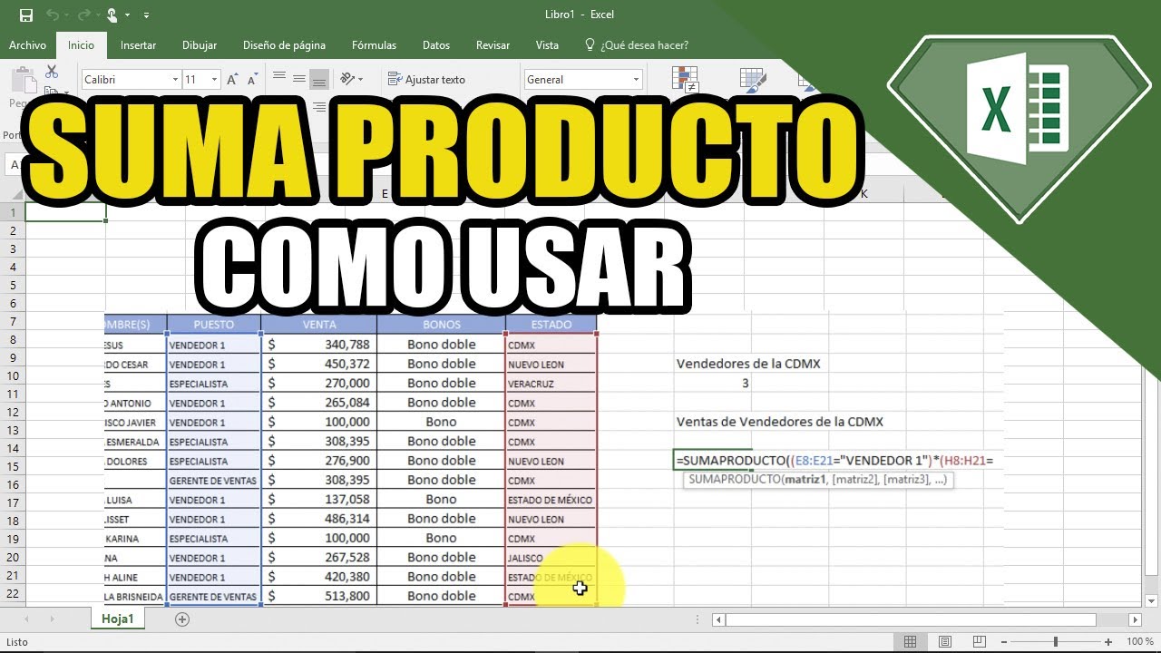 Como usar la Formula de SUMA PRODUCTO en Excel Como aplicar la funci&oacute;n | Suma de rangos o matrices