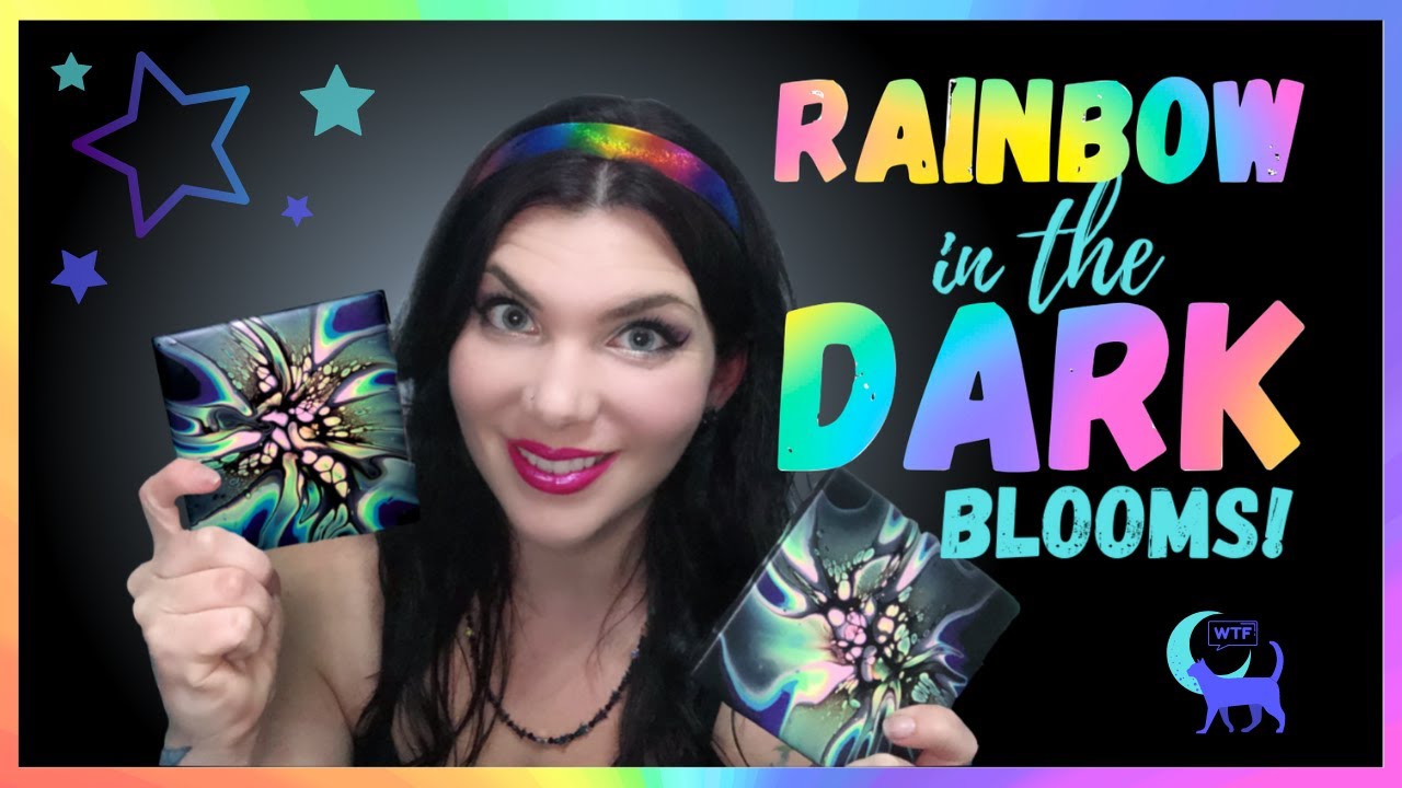 #5 Rainbow in the Dark BLOOMS!  Neon pastel metallics on black - WOW!  Fluid acrylic paint pouring!