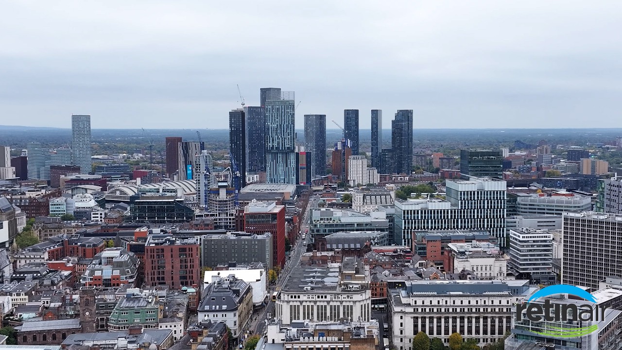 Manchester inc Deansgate Stock Drone Aerial Footage Establishing Shots WIDE ANGLE & ZOOM Cloudy