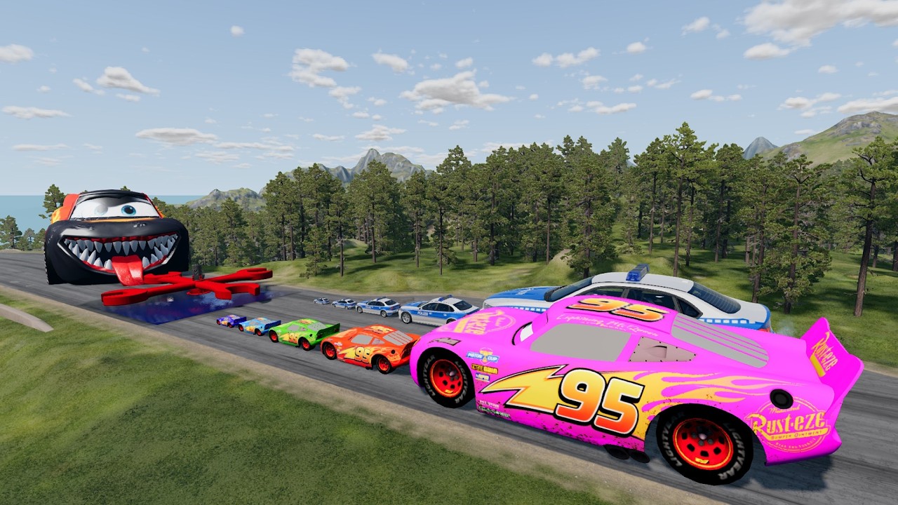 Big & Small McQueen & Police Car vs Zombie McQueen Campellation Downhill Race - BeamNG.Drive