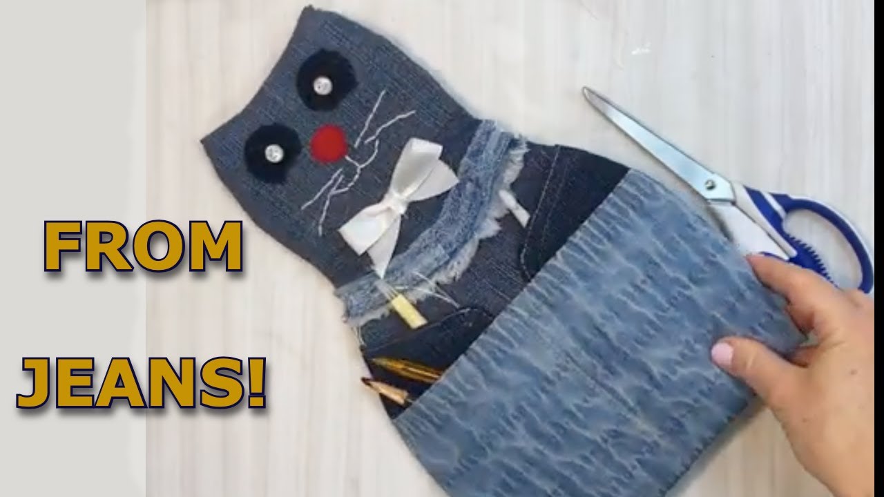 DIY Organizer from Old Jeans | Cute Cat Pencil Holder