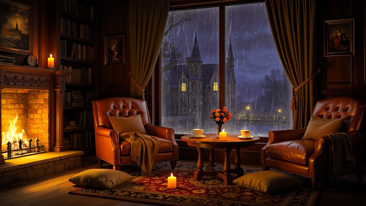 🔥 Elegant Library Jazz | Soft Piano, Rainfall & Warm Firelight Ambience
