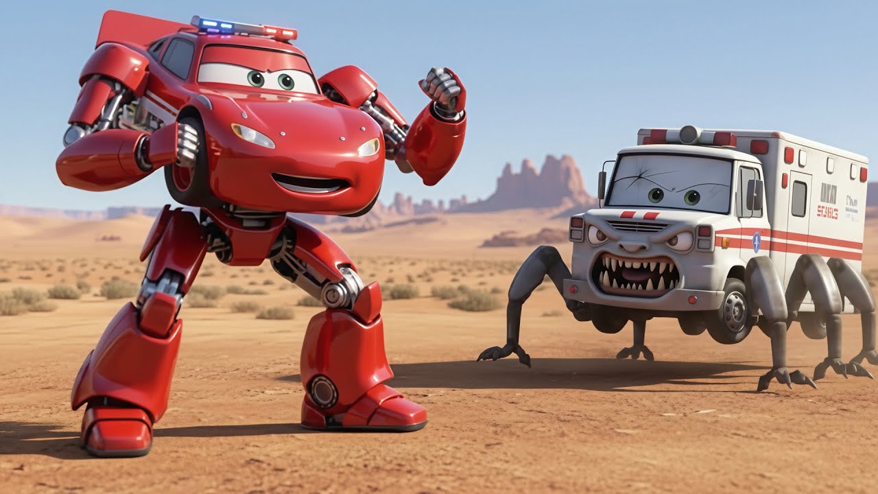 Kitten found abandoned police lightning mcqueen and save the monster firetruck in the desert!!!!