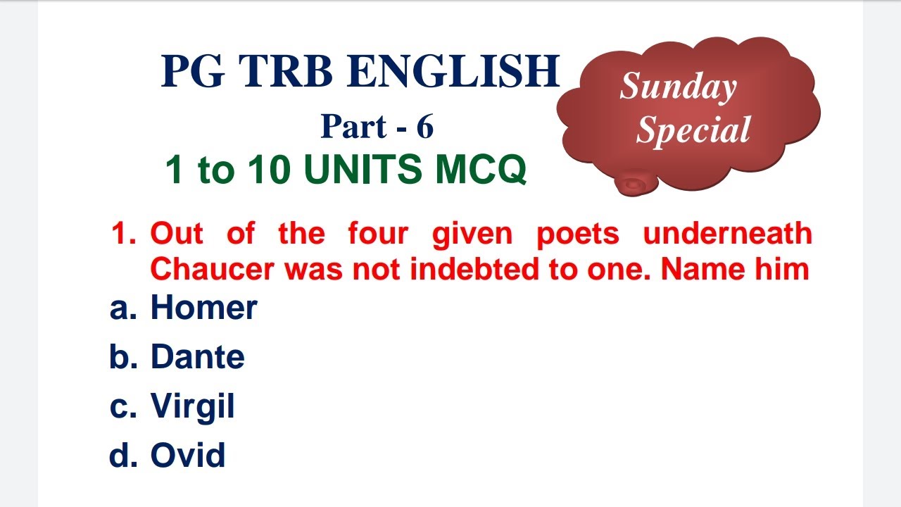 PG TRB ENGLISH 1 to 10 Units Important MCQ Part 6Sunday Special