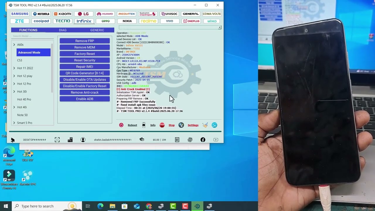Modo ADB para remo&ccedil;&atilde;o de  FRP no Infinix Hot 50i feito  TSM Tool Pro