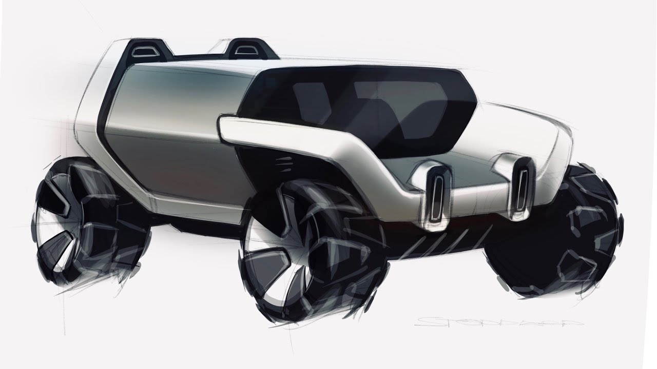Electric Off Road SUV Concept: Greyscale Digital Rendering On White