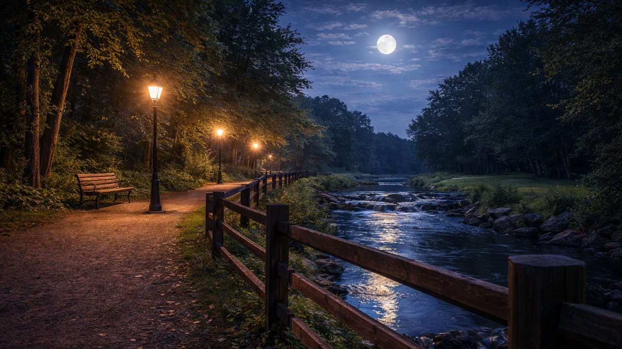 8 Hours Night Park Ambiance 🌙 Gentle Stream, Crickets & Soft Night Sounds for Sleep