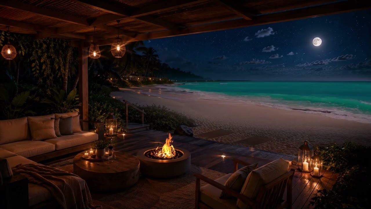 Turquoise Ocean Nights | Calm Waves & Crackling Fire for Pure Relaxation