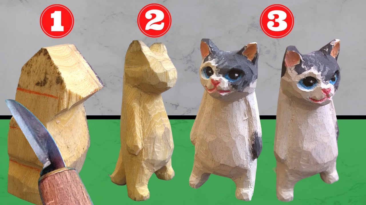 4 шага для ЛЕГКО ВЫРЕЗАТЬ ЗАМЕЧАТЕЛЬНОГО КОТА, лепка КОТА, РЕЗЬБА ПО ДЕРЕВУ для начинающих