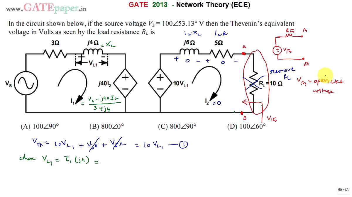 GATE 2013 ECE Thevenin's equivalent voltage seen by the load resistance RL