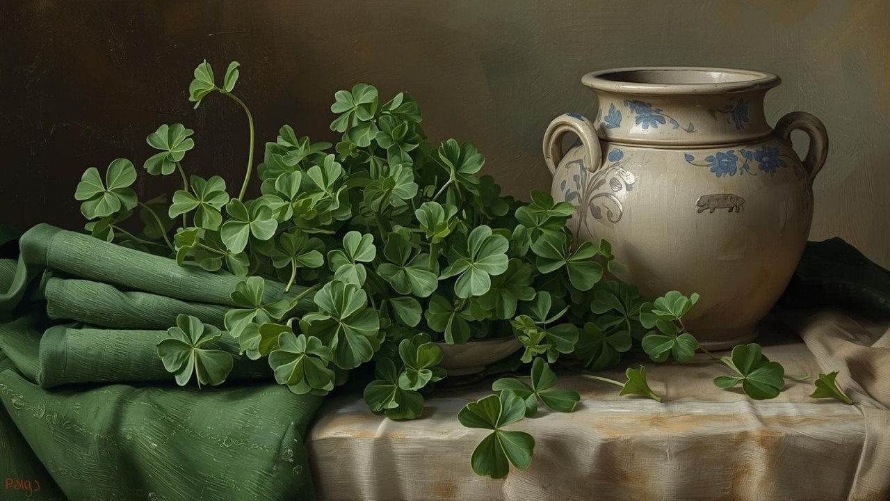 St. Patrick’s Day Shamrock Still Life Vintage Painting | Frame TV Art | 2-Hour Screensaver