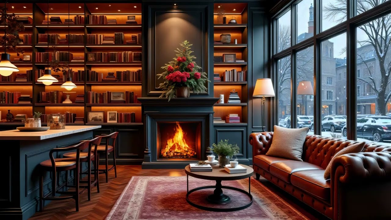 Winter Jazz Lounge Ambience ❄️ Elegant Library, Calm Snowfall