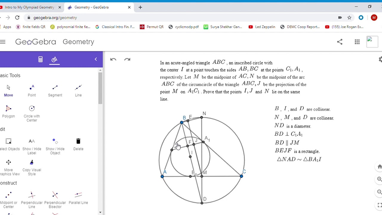 Olympiad Geometry Problem #1: Angle Bisector, Midpoint of Side, Perpendicular,  Collinear Points